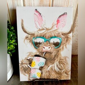 Highland Cow Canvas with Blue Glasses